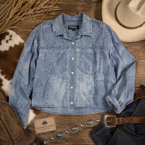 Thrill Jeans Women’s 3X Acid Wash Denim Button-Up Western Shirt Pearl Studded